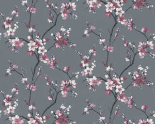 A.S. Création satin wallpaper «Floral, Black, Grey, Red, White» 385006