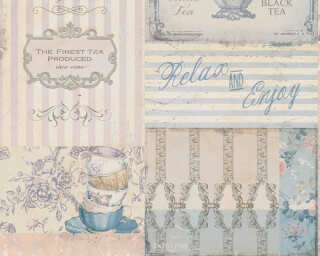 A.S. Création satin wallpaper «Cottage, Floral, Blue, Cream, Grey, Pink» 387272