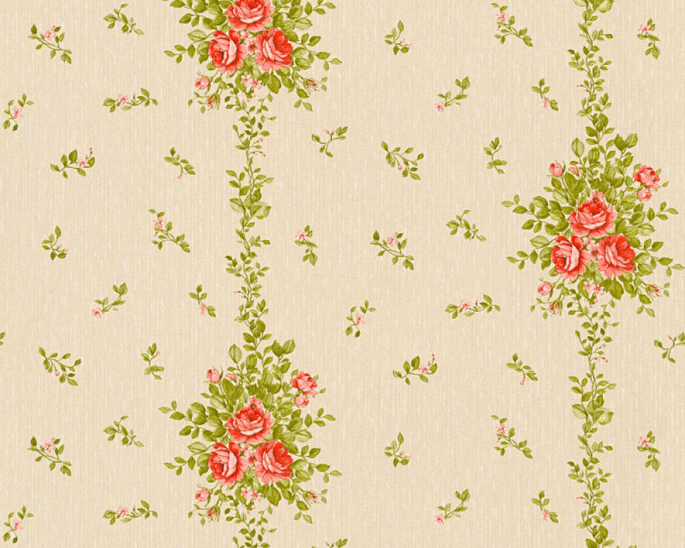 . Création Wallpaper «Cottage, Flowers, Beige, Green, Red» 345001